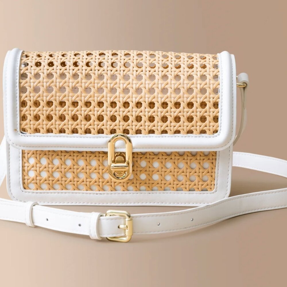 Jules Kae Mia Vegan Leather Natural Canework/White Turnlock Flap Crossbody Bag